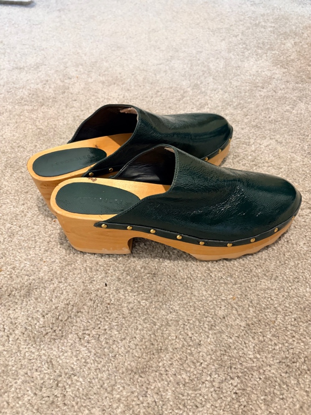 AEROSOLES Dark Green Leather Wood-Platform Clogs